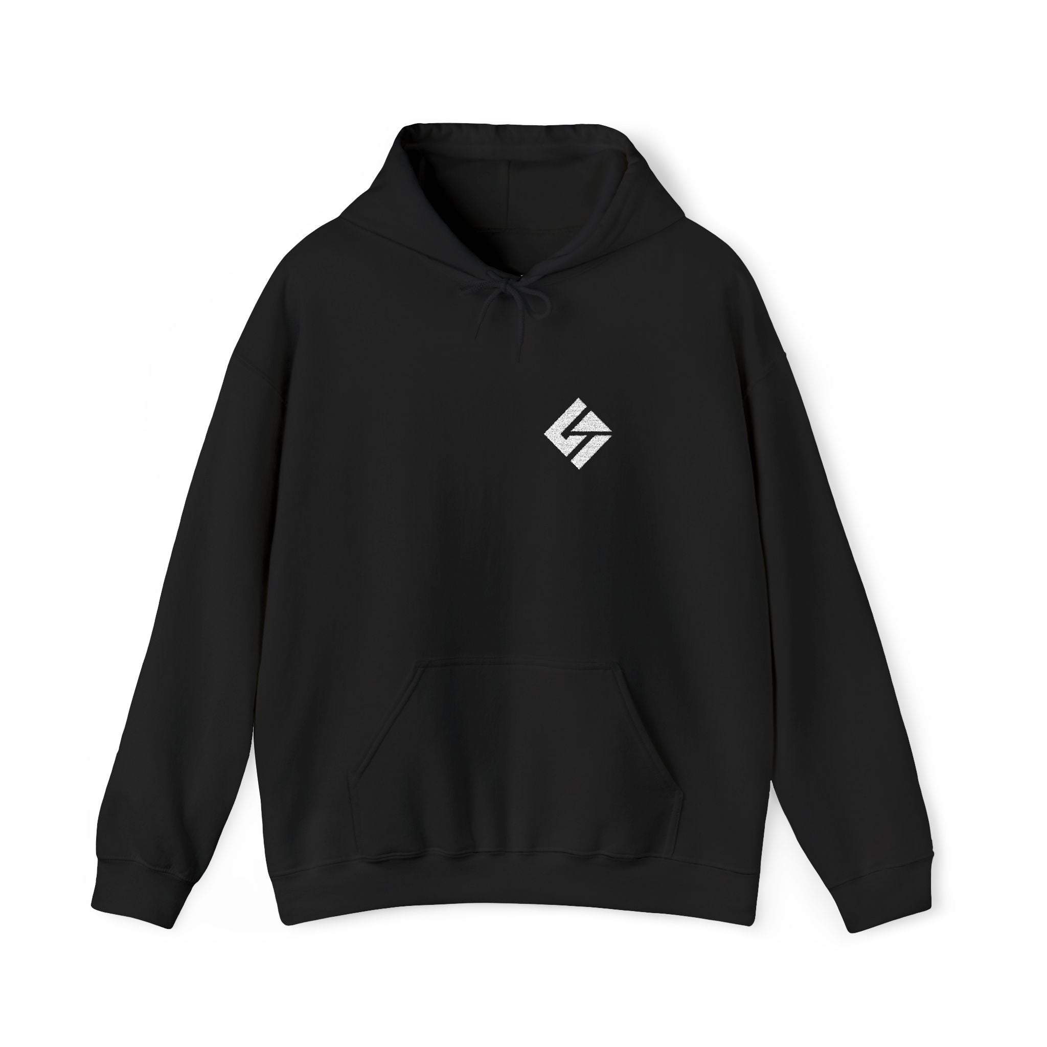Minimal Diamond Logo Hoodie — Small White Graphic on Black