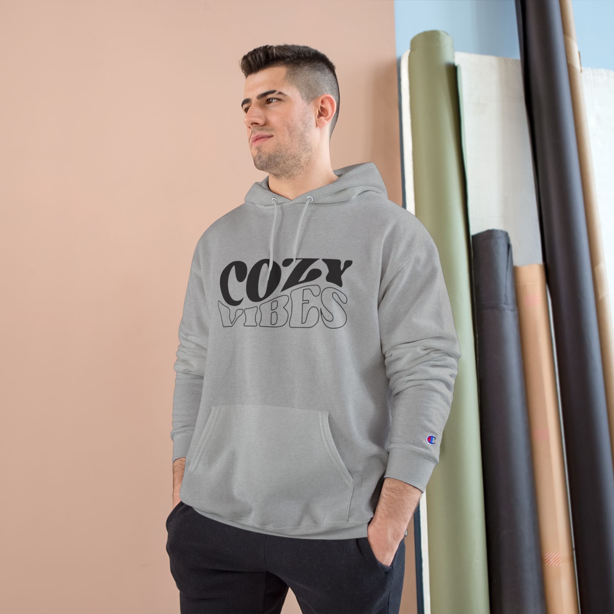 Cozy Vibes Hoodie — Relaxed Retro Graphic Champion Hoodie