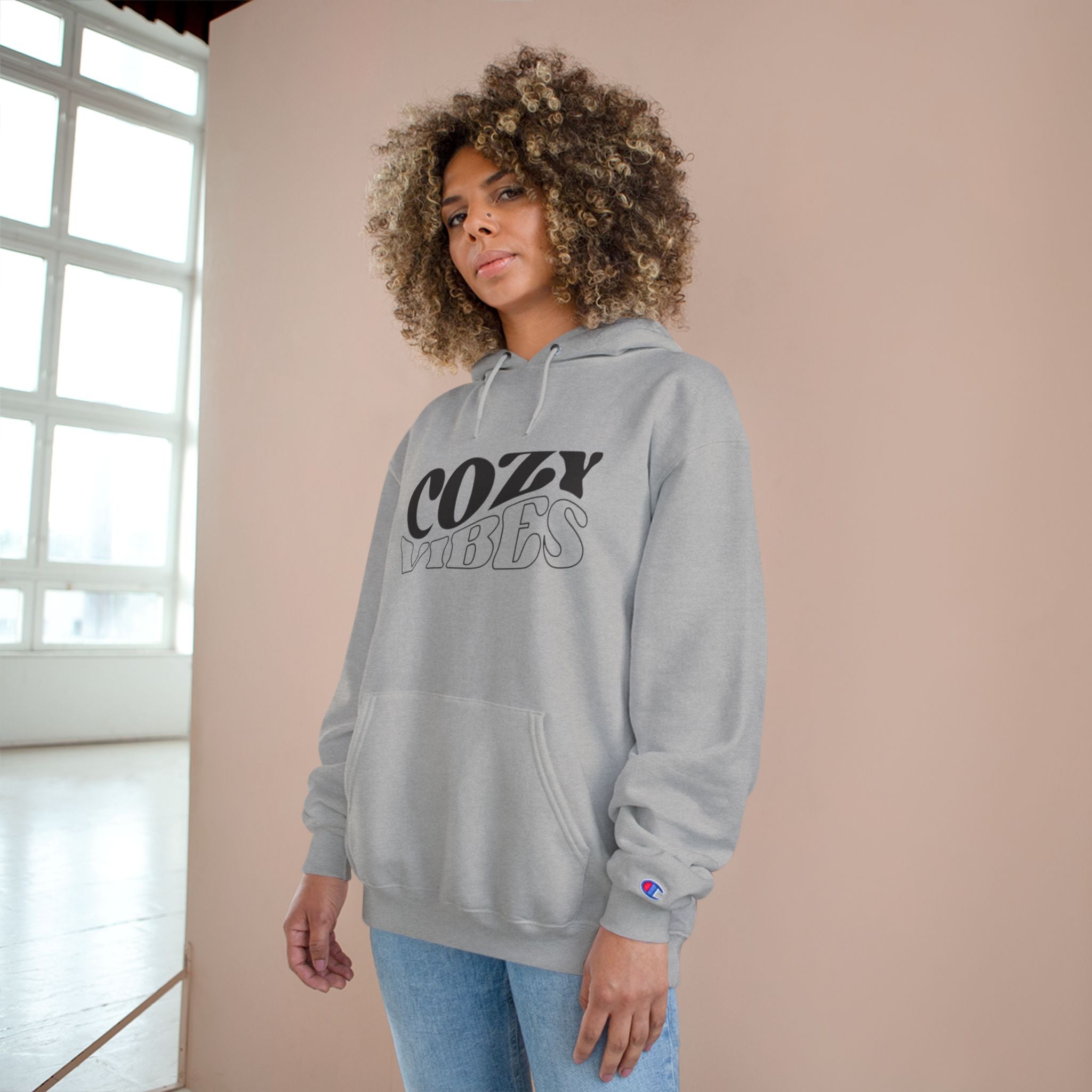 Cozy Vibes Hoodie — Relaxed Retro Graphic Champion Hoodie